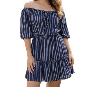 BB Dakota Off Shoulder Dress Size Small Navy Blue White Stripe Boho Ruffle Mini
